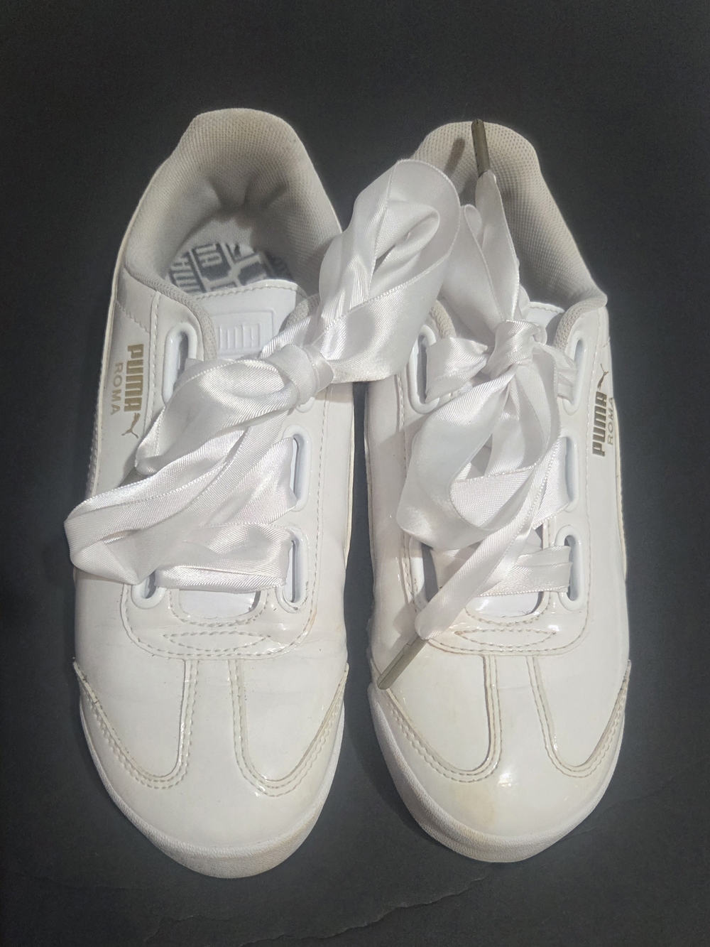Puma Roma Heart White Patent Leather Satin Ribbon Lace Low-Top Sneakers Size 6.5